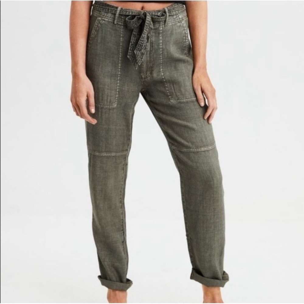 American Eagle Linen Blend Belted High‎ Rise Pants Women's 8 Moss Green Relaxed